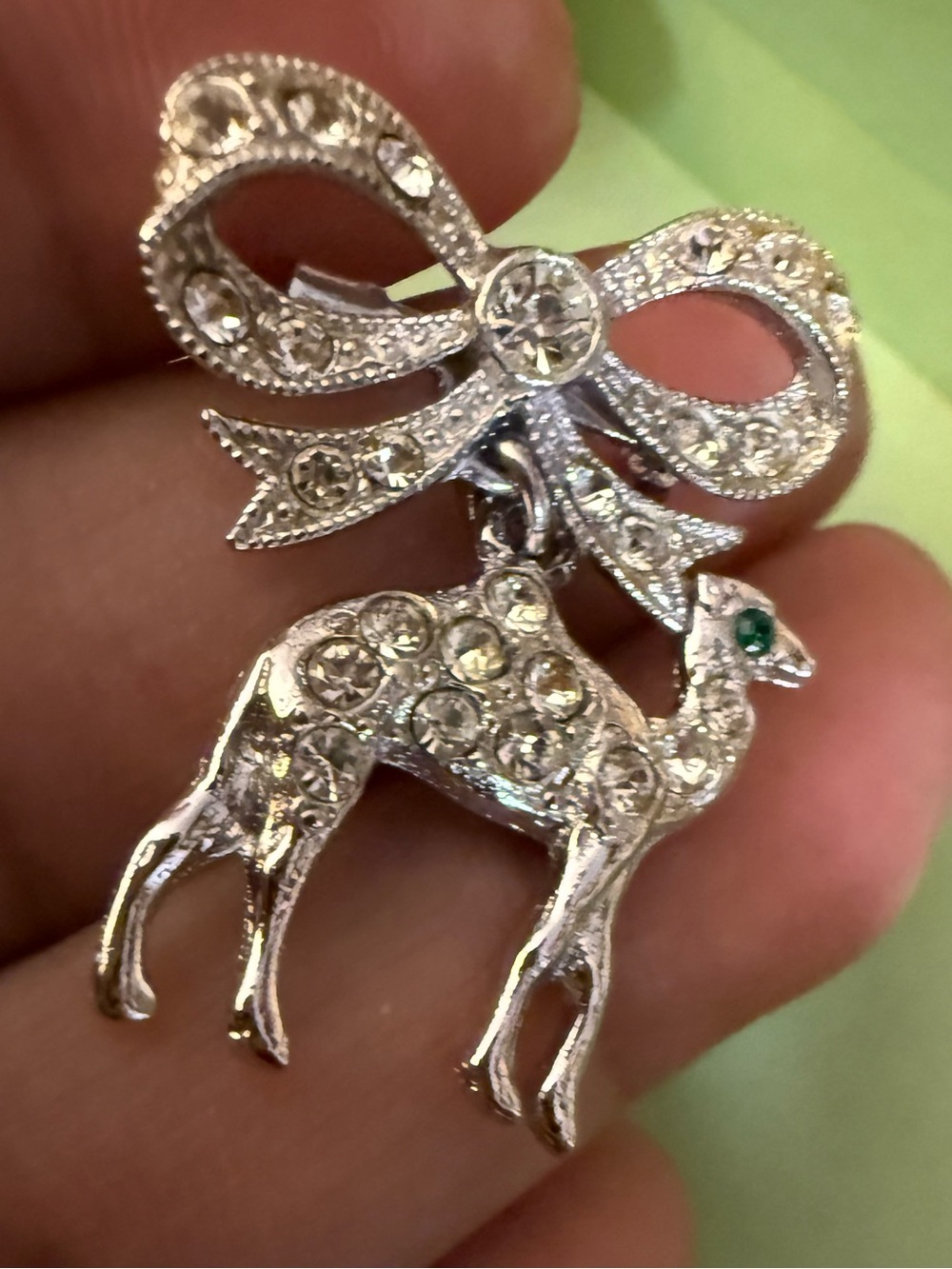 Rhinestone Bow & Camel Brooch - Silver with Crystals